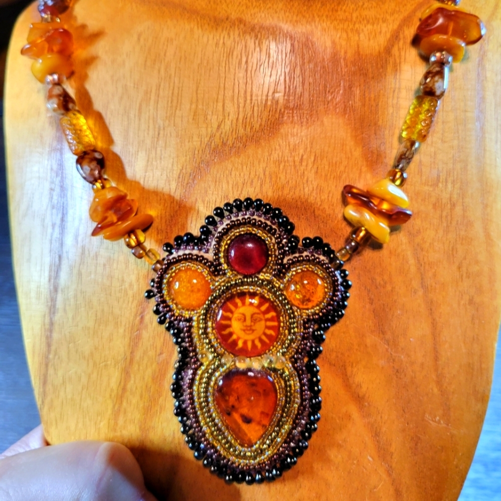 Baltic Amber Bead Embroidered Necklace Handmade OOAK w Glass Beads & Brass Clasp
